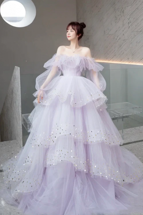 Purple Tulle Layers Long A-line Prom Dress, Cute Long Sleeve Evening Gown