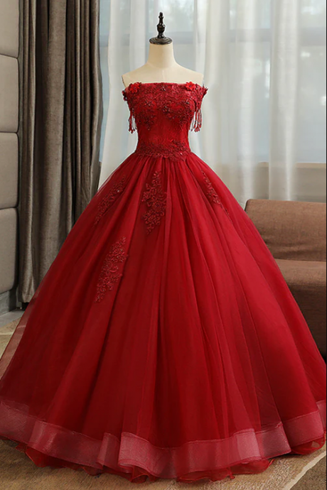 Burgundy Tulle Lace Long Prom Dress, Burgundy A-line Evening Gown