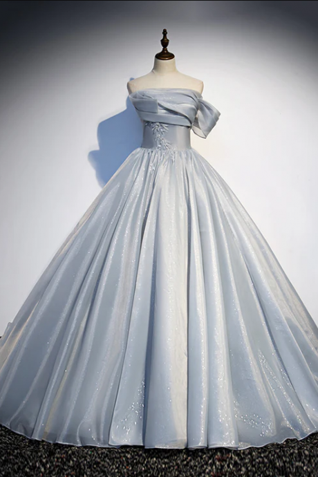Gray Tulle Long A-line Prom Dress, Gray Strapless Formal Evening Gown