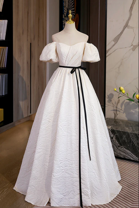 Simple A-line Jacquard Fabric Long Prom Dress, Off The Shoulder Evening Dress