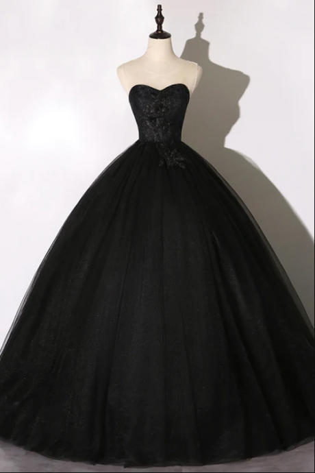 Black Tulle Lace Long Prom Dress, Black Scoop Neckline Evening Party Dress