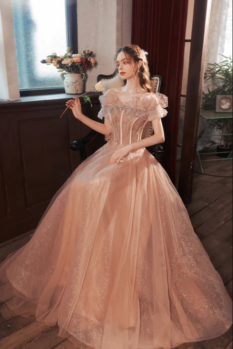 Pink Tulle Long A-line Prom Dress With Sequins, Off The Shoulder Evening Party Dress