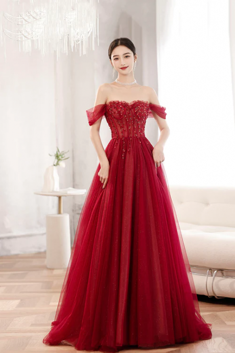 Red Off The Shoulder Tulle Long Formal Evening Dress, A-line Sequins Party Dress