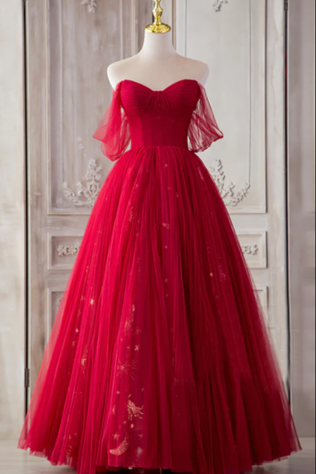 The Red Strapless Tulle Long A-line Prom Dress Is A Showstopper.