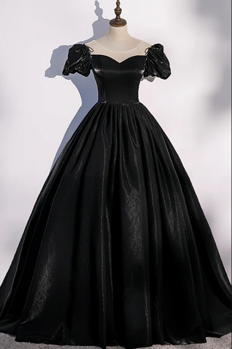 Black Satin Long Prom Dress, Black A-line Short Sleeve Evening Dress