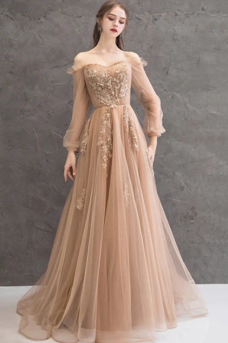 Cute Tulle Lace Off The Shoulder Evening Dress, Long Sleeve A-line Prom Dress