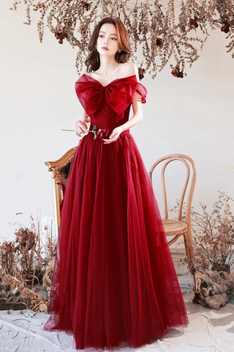Burgundy Tulle Long A-line Prom Dress With Bow, Burgundy Evening Graduation Dress