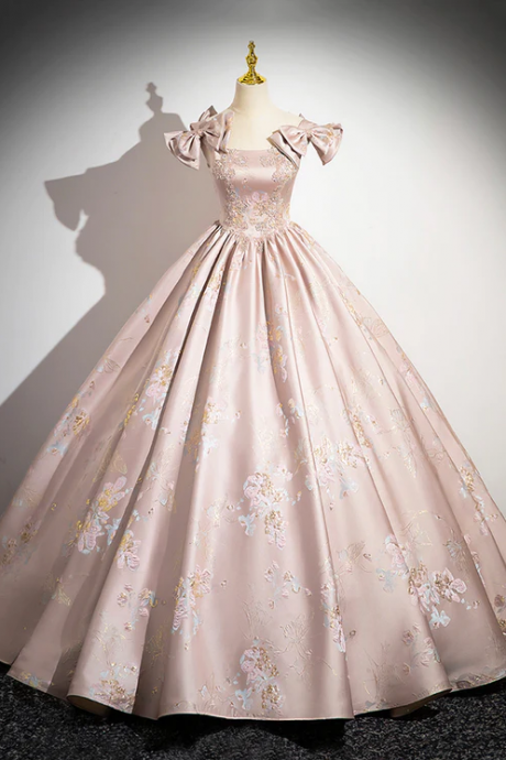 Pink Satin Lace Long Prom Dress, A-line Scoop Neckline Formal Evening Dress
