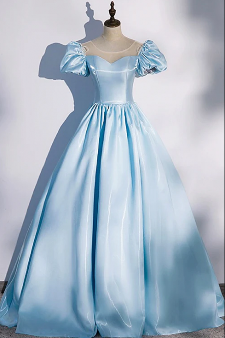 Blue Satin Long Prom Dress, Blue A-line Scoop Neckline Short Sleeve Evening Dress