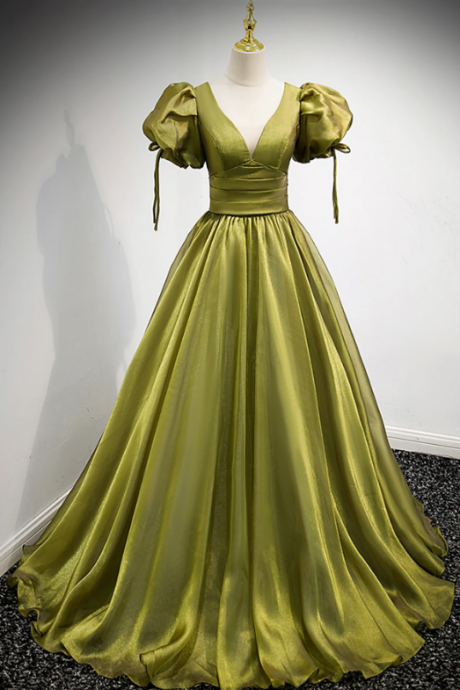 Green V-neck Long Prom Dresses, A-line Evening Dresses