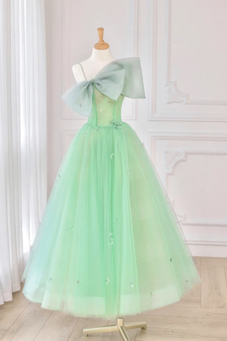 Green Tulle Short Prom Dress, A-line Evening Dress With Bow