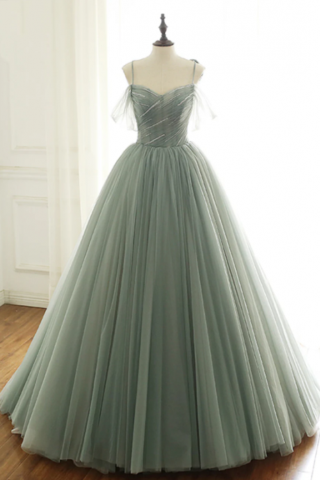 Green Tulle Long Prom Dresses, A-line Spaghetti Straps Evening Dresses