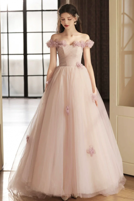Beautiful Tulle Long Prom Dress With Flowers, A-line Off The Shoulder Evening Party Dress