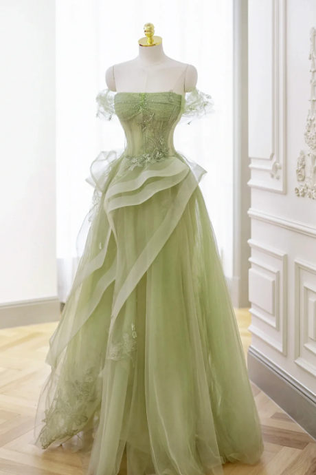 Green Tulle Long Floor Length Prom Dress, Beautiful A-line Evening Party Dress With Lace