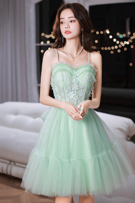Green Tulle Lace Short Prom Dress, A-line Evening Party Dress