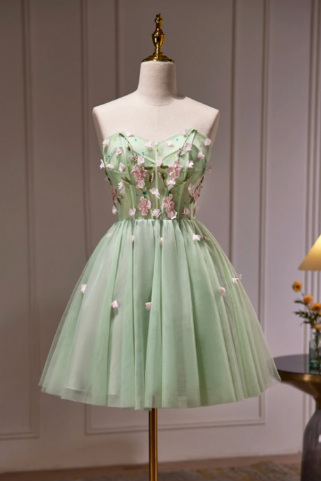 Green Tulle Beaded Party Dress, Green Short Prom Dress With Flowers