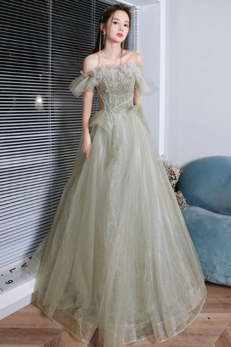 Green Tulle Beaded Long Prom Dress, A-line Formal Evening Dress