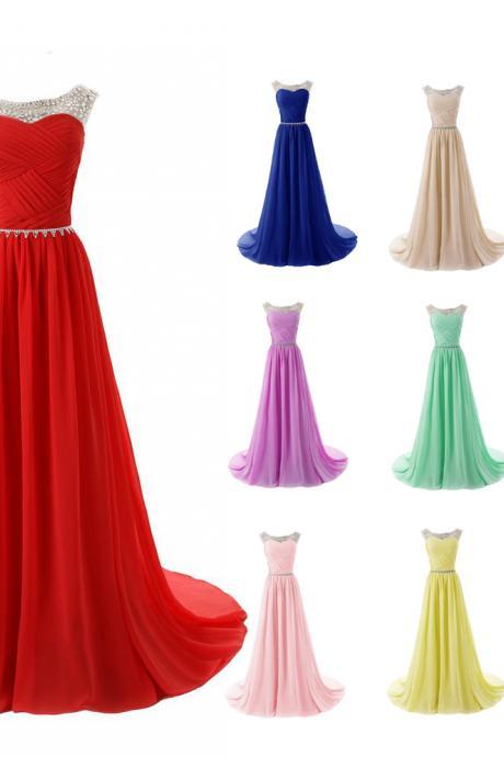 Scoop Neck Long Chiffon Prom Dresses Crystals Beaded Party Dresses Floor Length