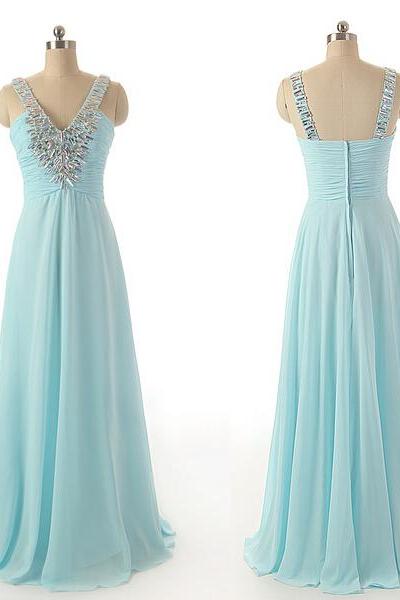 Spaghetti Straps A-line Chiffon Prom Dresses Crystal Floor Length Party Dresses