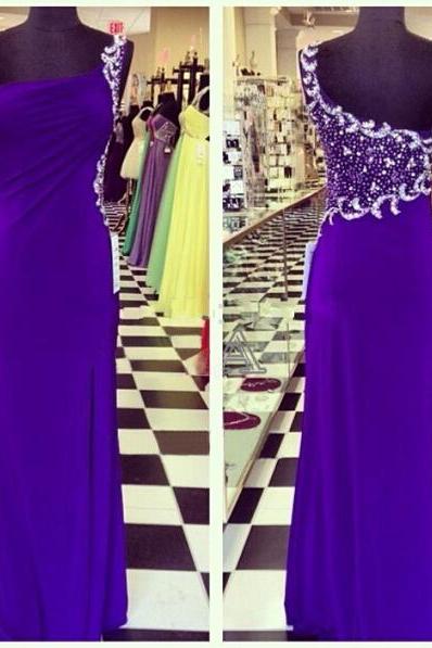 One Shoulder Long Chiffon Prom Dresses Floor Length Crystals Beaded Party Dresses