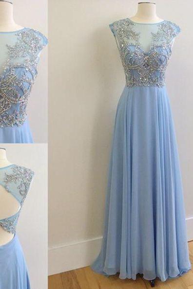 Scoop Neck A-line Chiffon Prom Dresses Sexy Backless Floor Length Party Dresses
