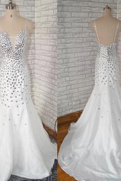 Spaghetti Straps Mermaid Chiffon Prom Dresses Crystals Beaded Party Dresses