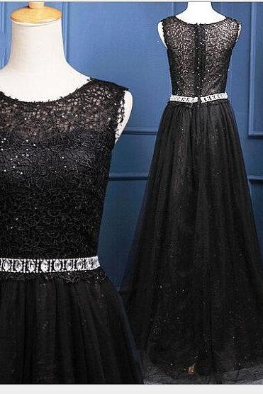 Black Tulle Prom Dresses Floor Length Party Dresses Scoop Neck