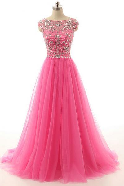 Cap Sleeves Long Tulle Prom Dresses Crystals Beaded Party Dresses Floor Length