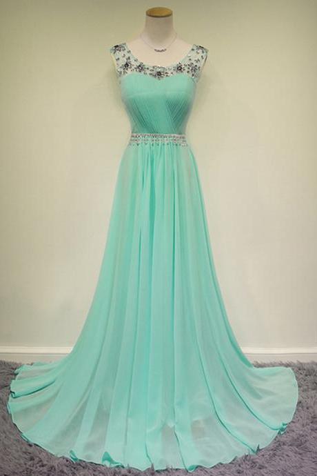 Scoop Neck Long Chiffon Prom Dresses Crystal Beaded Floor Length Party Dresses