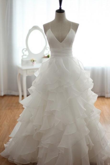 Custom Made Plunging V-neckline Long Evening Dress , Prom Dress, Wedding Dress With Ruffled Layered Tulle Skirt