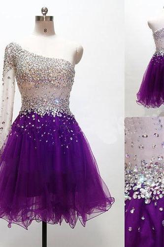 Sparkle Handmade Purple One Shoulder Beadings Short Prom Dresses, Prom Dresses 2016, Prom Gowns