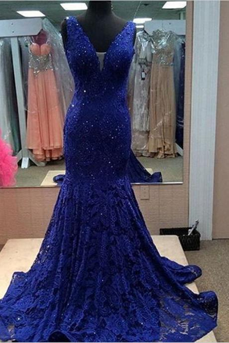 2016 Luxury Lace Prom Dresses Navy Blue V-neck Beads Lace Long Formal Evening Dress Cap Sleeves Mermaid Party Gown Custom Made