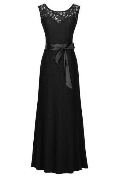 Women's Elegant Sleeveless Halter Black Lace Bridesmaid Maxi Dress