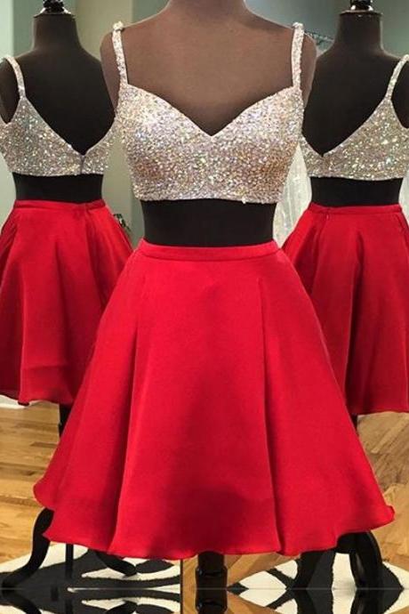 Two Piece Homecoming Dress,red Party Dress,spaghetti Strap Beading Homecoming Dresses,a Line Dress,satin Homecoming Dresses