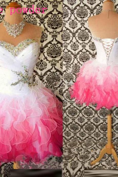 New 2016 Sexy Beaded Women Prom Dresses Organza Sweetheart Short Mini Prom Dress Ruffles A Line Party Dresses Size