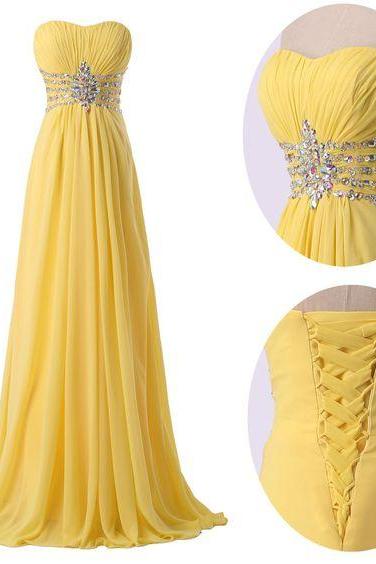 Lace Up Long Chiffon Prom Dresses,daffodil Strapless Prom Gowns,handmade Evening Gowns,beading Prom Dress