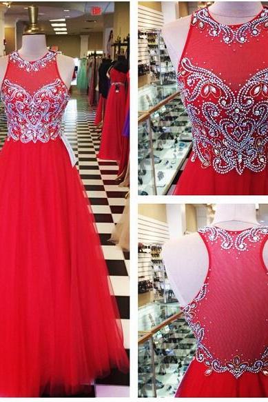 2016 A Line Red Tulle Prom Dresses Sheer Back Beaded Crystals Pleat Evening Party Dresses Gowns