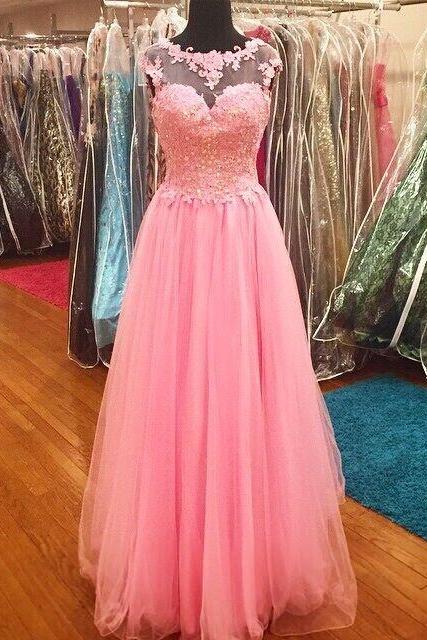 Pink Prom Dress,lace Prom Dress,illusion Prom Dress,fashion Prom Dress,sexy Party Dress, Style Evening Dress