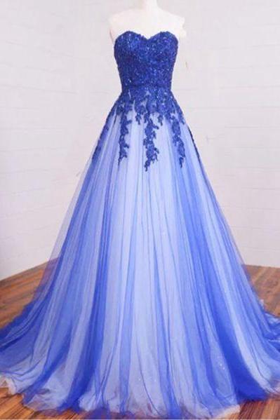 Prom Dress,pretty Blue+white Tulle Long Prom Dress,sweetheart A-line Lace Long Prom Gowns,evening Eresses