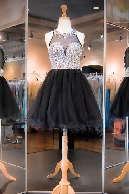 Black Sleeveless Sheer Beaded Short Homecoming Dress, Prom Dress, Party Dress