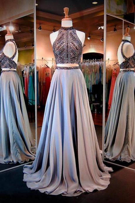 A-line Prom Dresses Women&amp;#039;s Halter Crystals Sequins Beaded Open Back Two Pieces Long Prom Dress Party Dresses