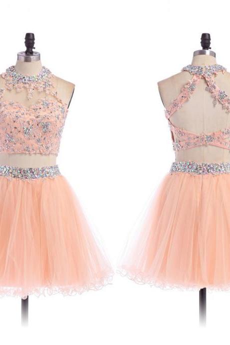Two Piece Prom Dress With Lace Appliques, High Neck Prom Dresses With Beaded Waistline, Open Back Tulle Short Prom Dress,