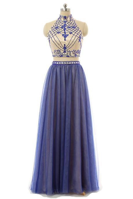 Sexy Two Piece Prom/evening Dress Blue Floor-length Backless Tulle Beading