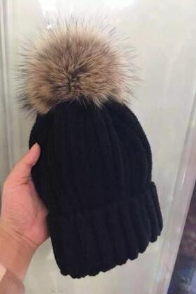 Winter Raccoon Ball Wool Cap Lady Tide Raccoon Fur Knitted Hat Outdoor Warm Hat