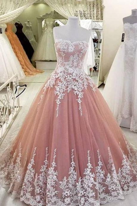 Elegant A-Line Applique Prom Dress, Blush Prom Dress, Lace Tulle Prom Dresses,High Quality Graduation Dresses, Formal Occasion Dresses,Ball Gown Dress