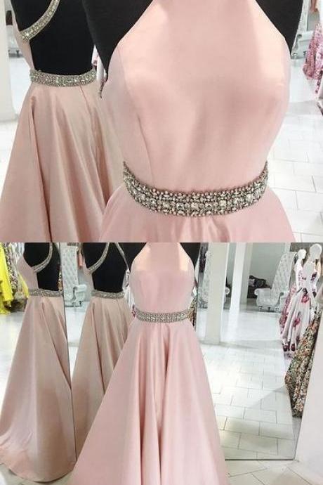 Prom Dresses Of Party Dresses Pink Backless Beaded Prom Dress,halter Prom Dress,custom Made Evening Dress