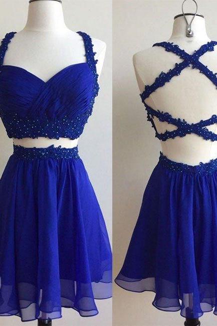 Simple A-line Two Piece Royal Blue Short Prom Dress Homecoming Dress