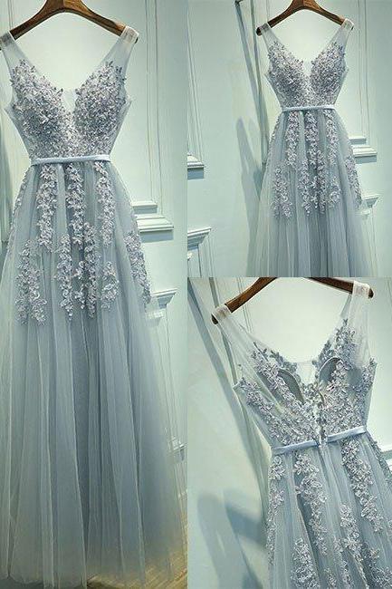 A-line Tulle Long Prom Dress, Sexy V Neck Prom Dress, Elegant Evening Formal Dress, Lace Tulle Evening Dress, Woman Dresses