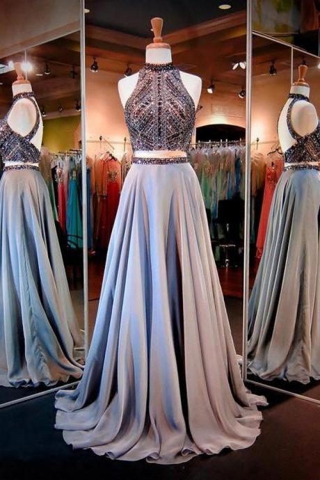 Women's Halter Prom Dress, Crystals Sequins Beaded Prom Dress, Open Back Two Pieces Long Prom Dress, Party Dresses, Senior Prom