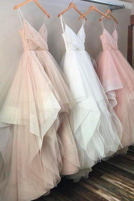 A Line Tulle Evening Prom dresses, Custom Long Party Prom Dresses, Simple prom dresses, 2017 Prom Dresses,